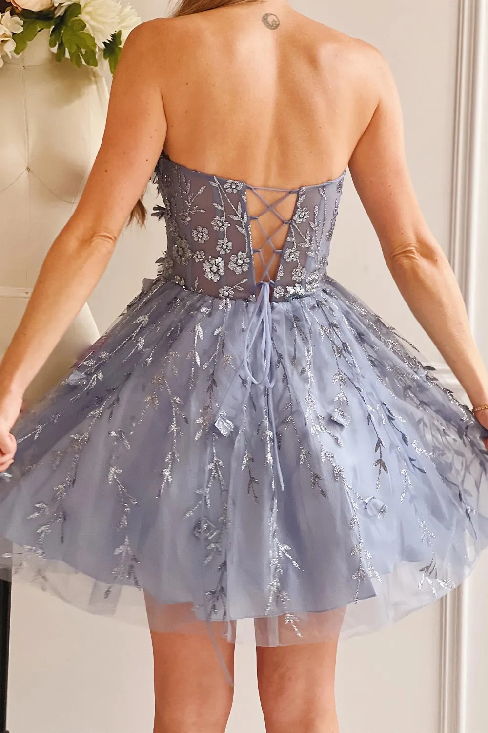 Eudora | Short Sparkly Blue Dress w/ Floral Appliqués sold by Boutique 1861 product image thumbnail 2