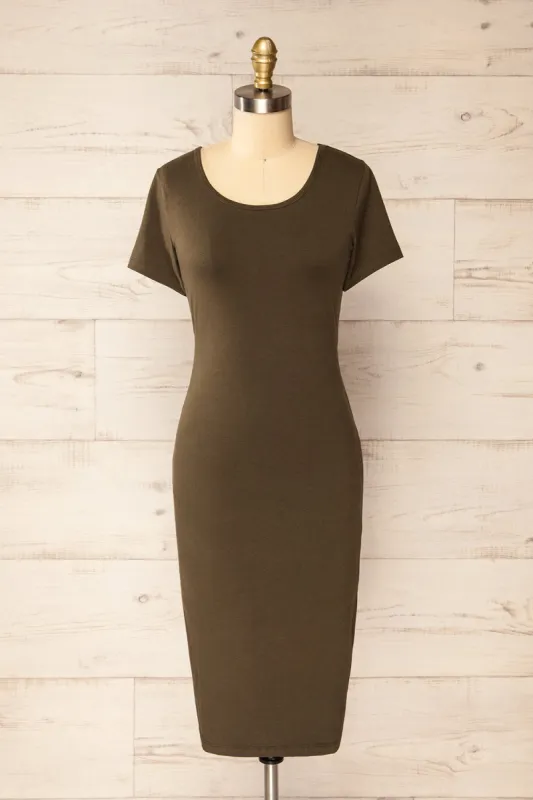 Athens Khaki | Short Sleeve Fitted Midi Dress sold by Boutique 1861