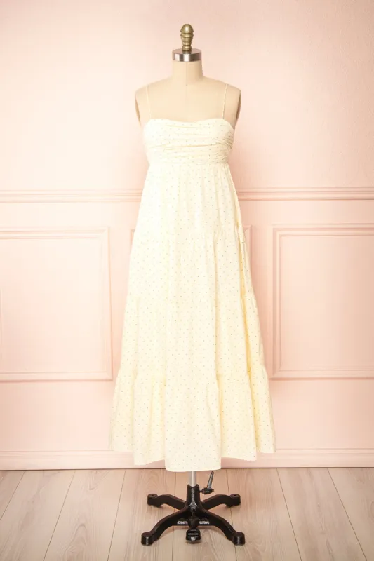 Hella | Tiered Beige Midi Dress w/ Polka Dots sold by Boutique 1861