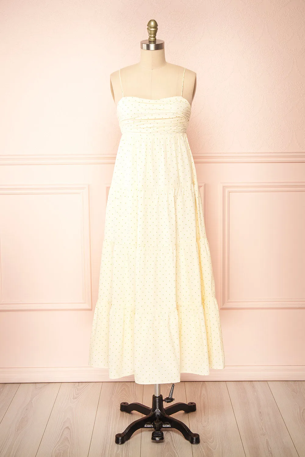 Hella | Tiered Beige Midi Dress w/ Polka Dots sold by Boutique 1861