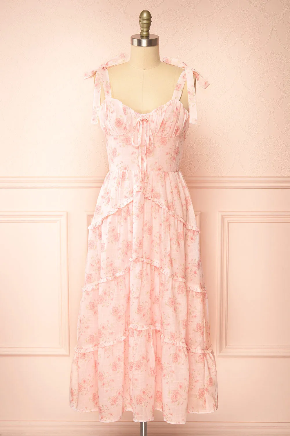 Taylor | Midi Pink Floral Dress w/ Bow Straps sold by Boutique 1861