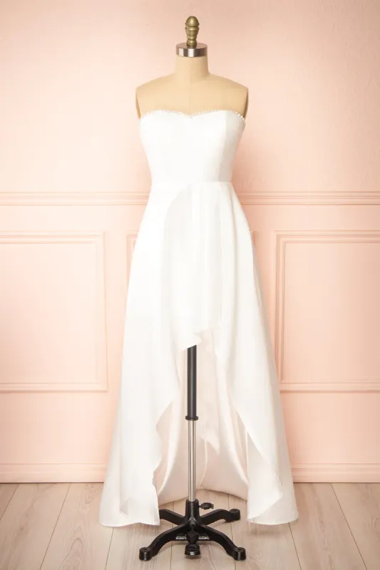 Stefany | White High-Low Dress w/ Pearls sold by Boutique 1861