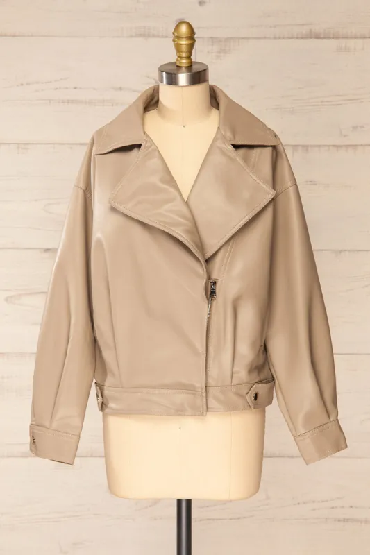 Nantes | Taupe Faux Leather Jacket sold by Boutique 1861