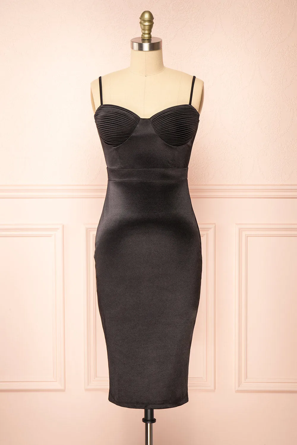 Elderia Black | Fitted Satin Midi Dress sold by Boutique 1861