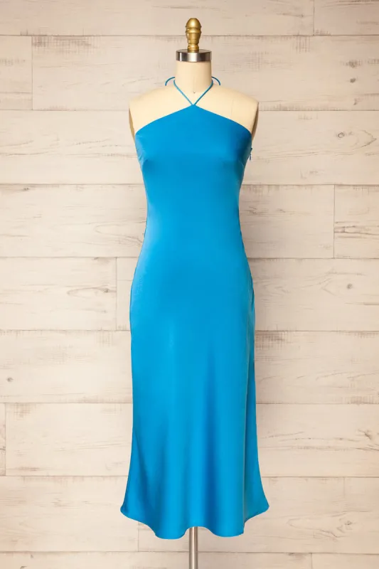 Fladnbury Blue | Satin Midi Halter Dress sold by Boutique 1861