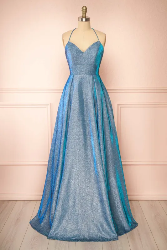 Darya Blue | Sparkly Maxi Dress w/ Laced Back sold by Boutique 1861