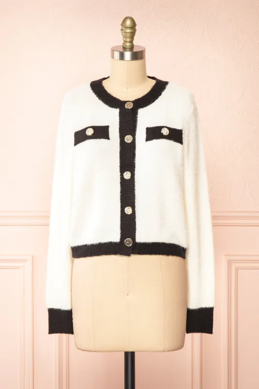 Cabria White | Fuzzy Preppy Cardigan sold by Boutique 1861