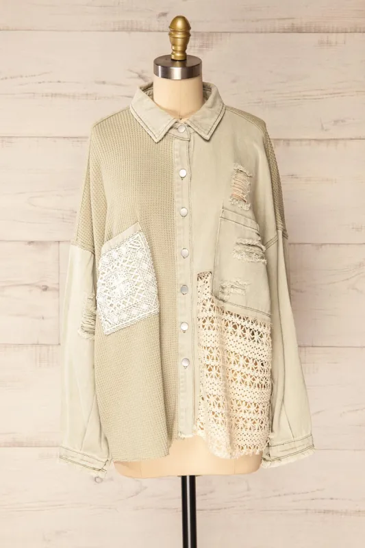 Hamburg Sage | Distressed Lace Patchwork Shacket sold by Boutique 1861