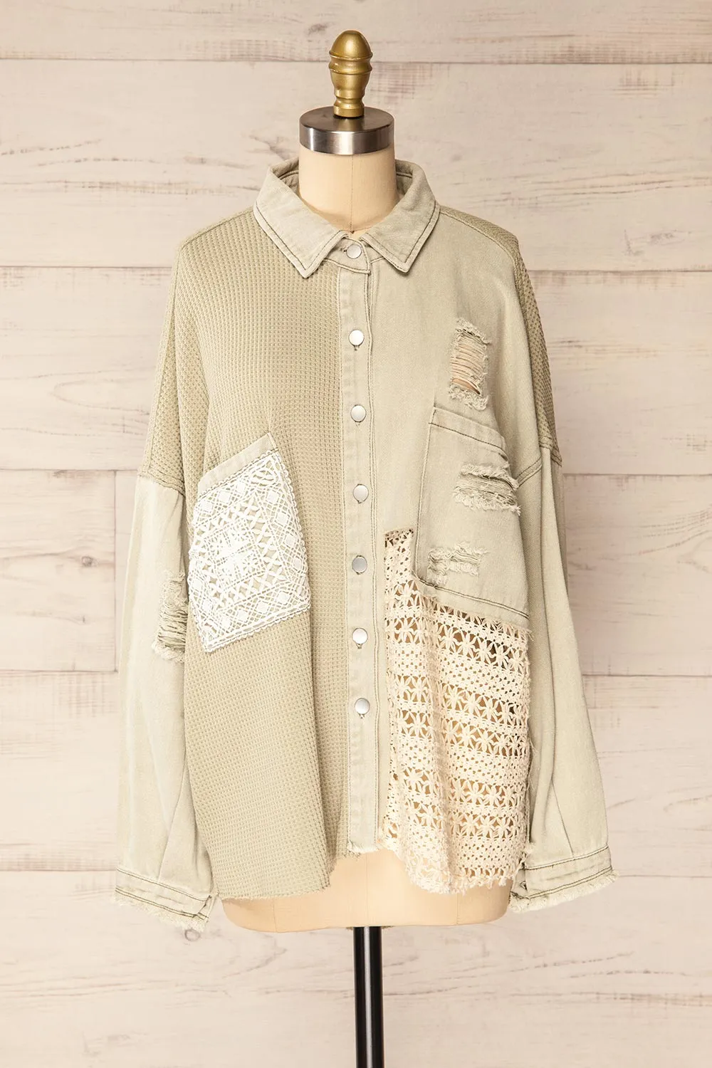 Hamburg Sage | Distressed Lace Patchwork Shacket sold by Boutique 1861