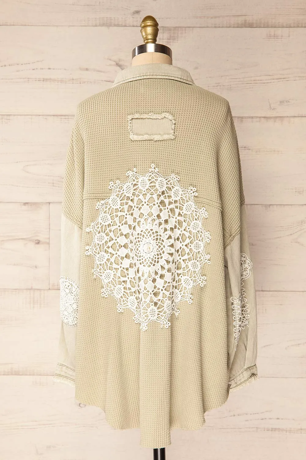 Hamburg Sage | Distressed Lace Patchwork Shacket sold by Boutique 1861 product image thumbnail 5