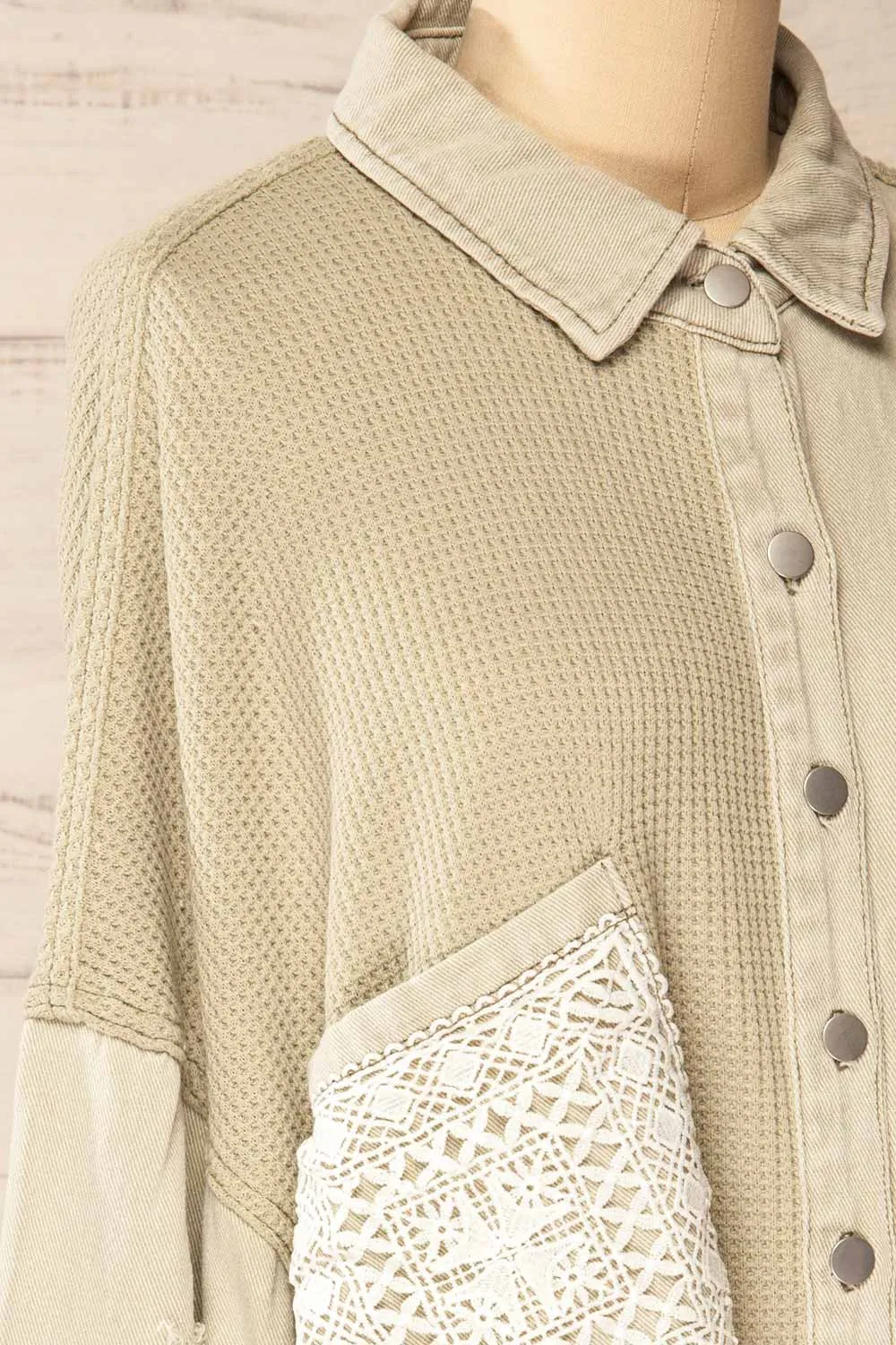 Hamburg Sage | Distressed Lace Patchwork Shacket sold by Boutique 1861 product image thumbnail 4