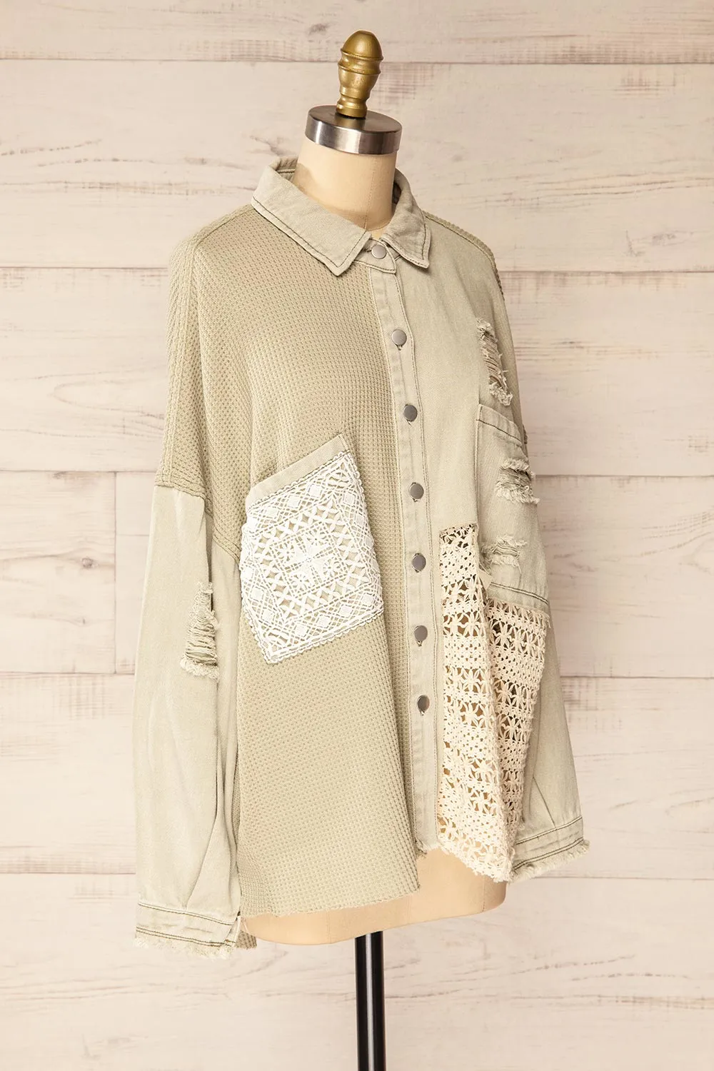 Hamburg Sage | Distressed Lace Patchwork Shacket sold by Boutique 1861 product image thumbnail 3