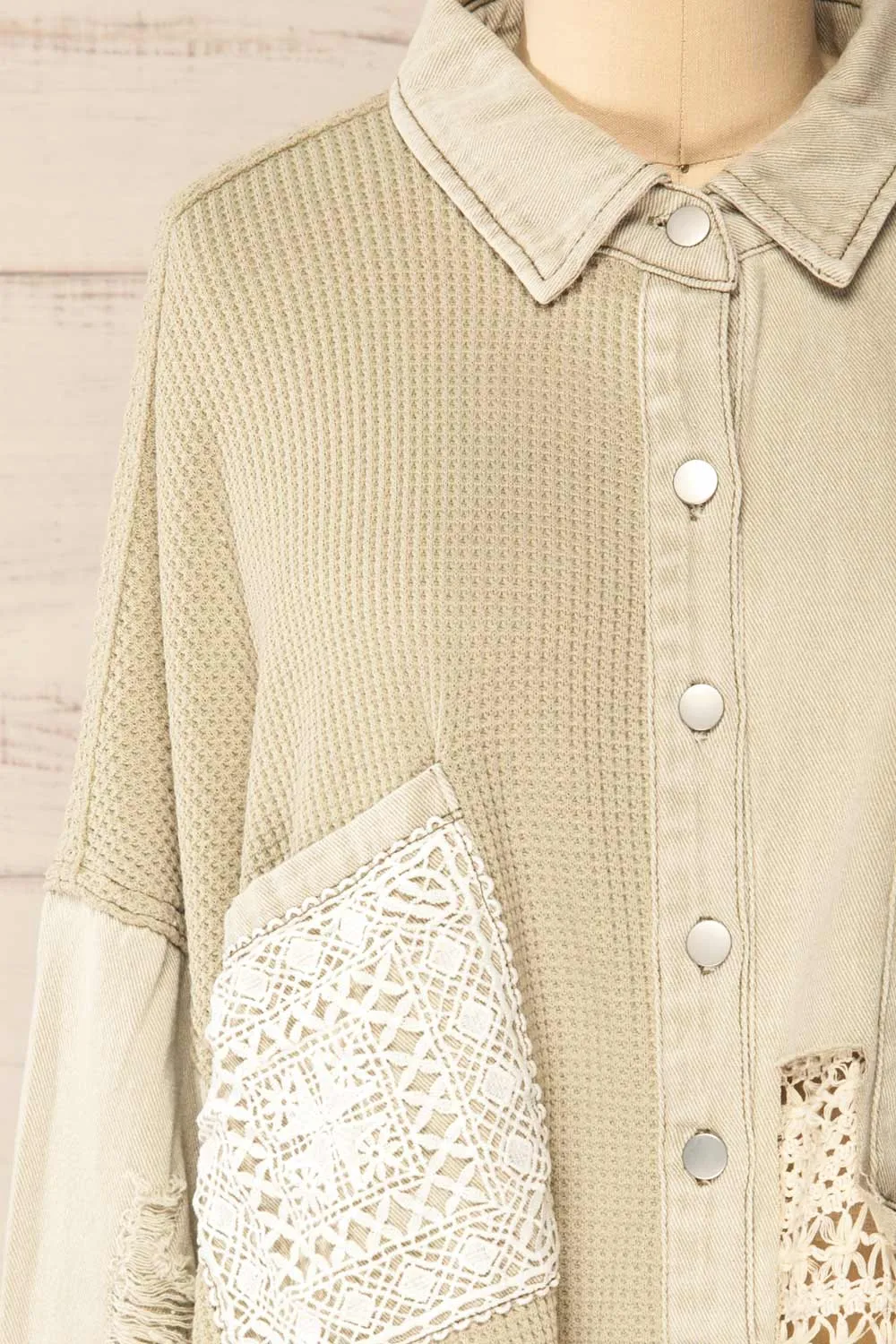 Hamburg Sage | Distressed Lace Patchwork Shacket sold by Boutique 1861 product image thumbnail 2