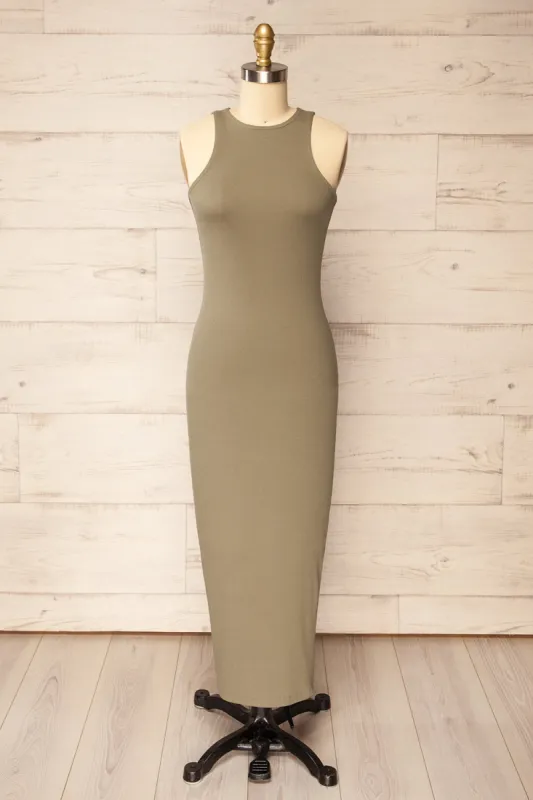 Daegu Khaki | Long Fitted Ribbed Dress sold by Boutique 1861