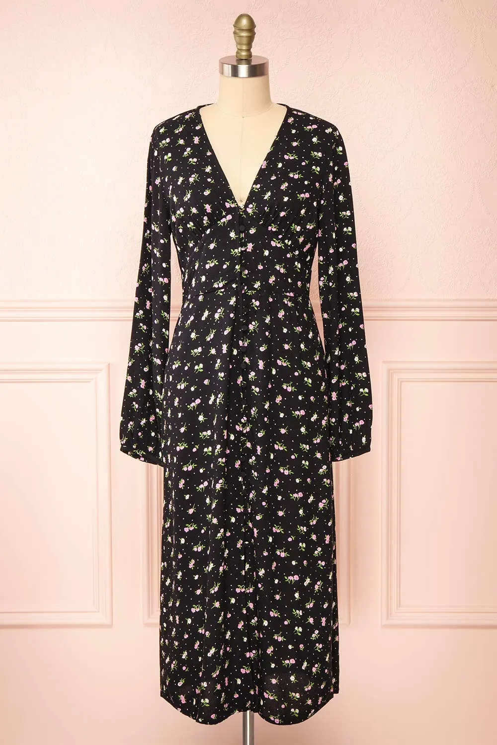 Netra Black | Long Sleeve Floral Midi Dress sold by Boutique 1861