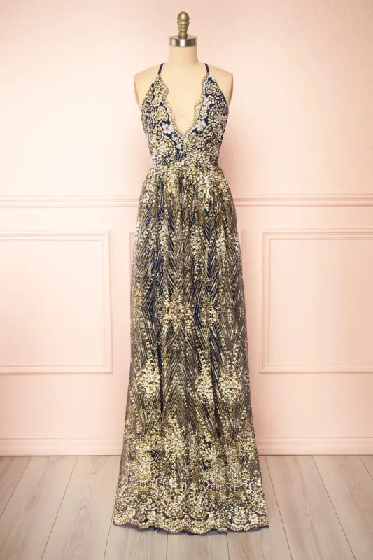 Sharidan Navy | Glitter Mesh Maxi Dress sold by Boutique 1861