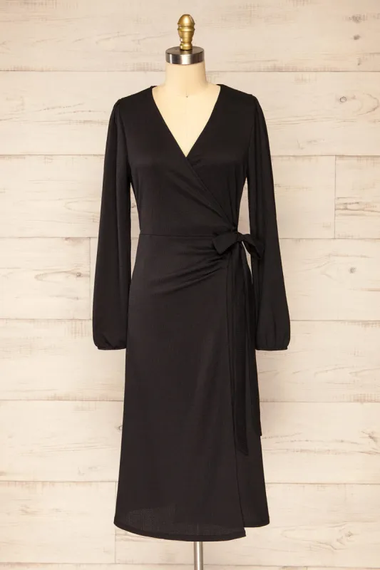 Belfort Black | Textured Wrap Midi Dress w/ Long Sleeves sold by Boutique 1861