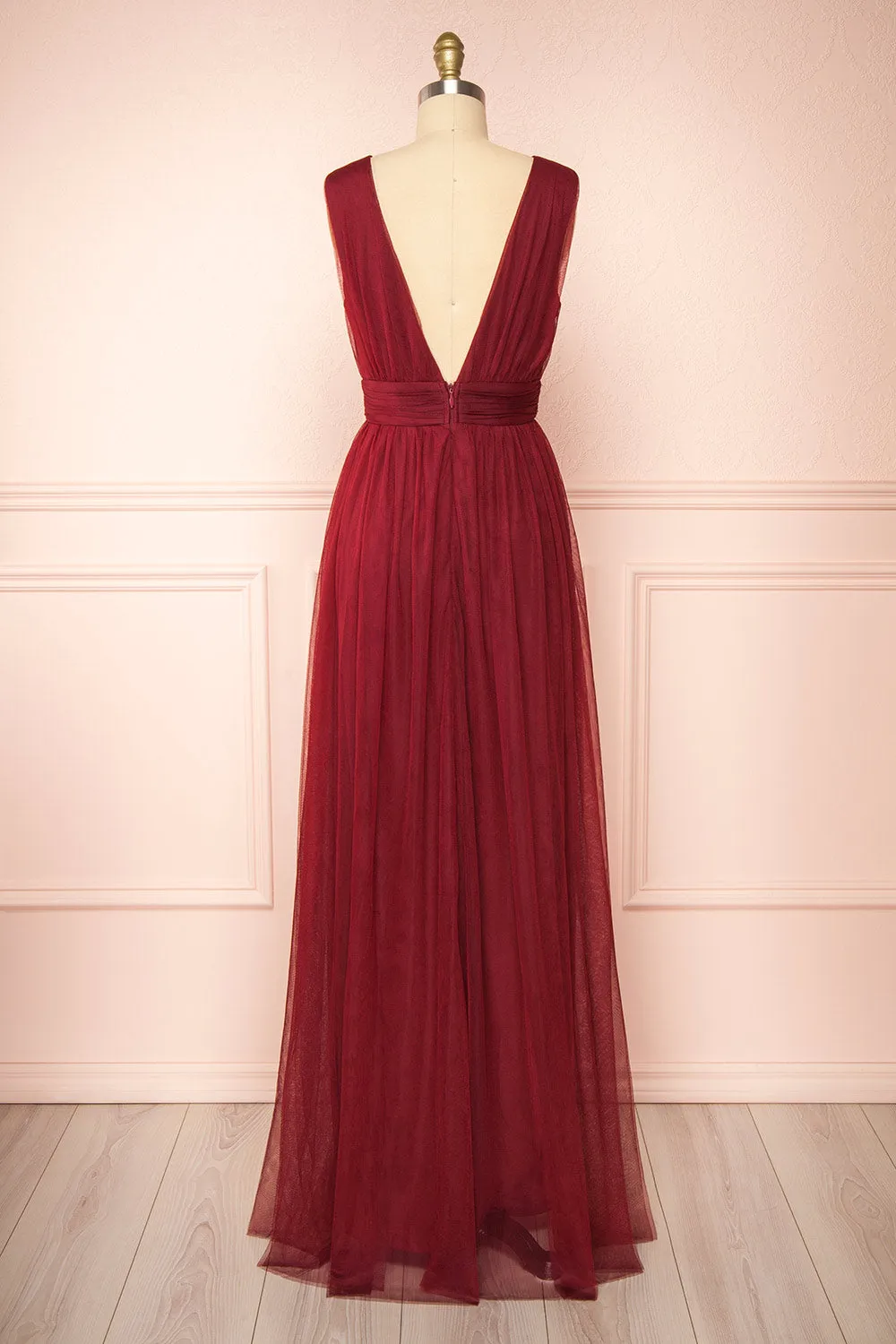 Samina Burgundy | Tulle Maxi Dress with Plunging Neckline sold by Boutique 1861 product image thumbnail 5