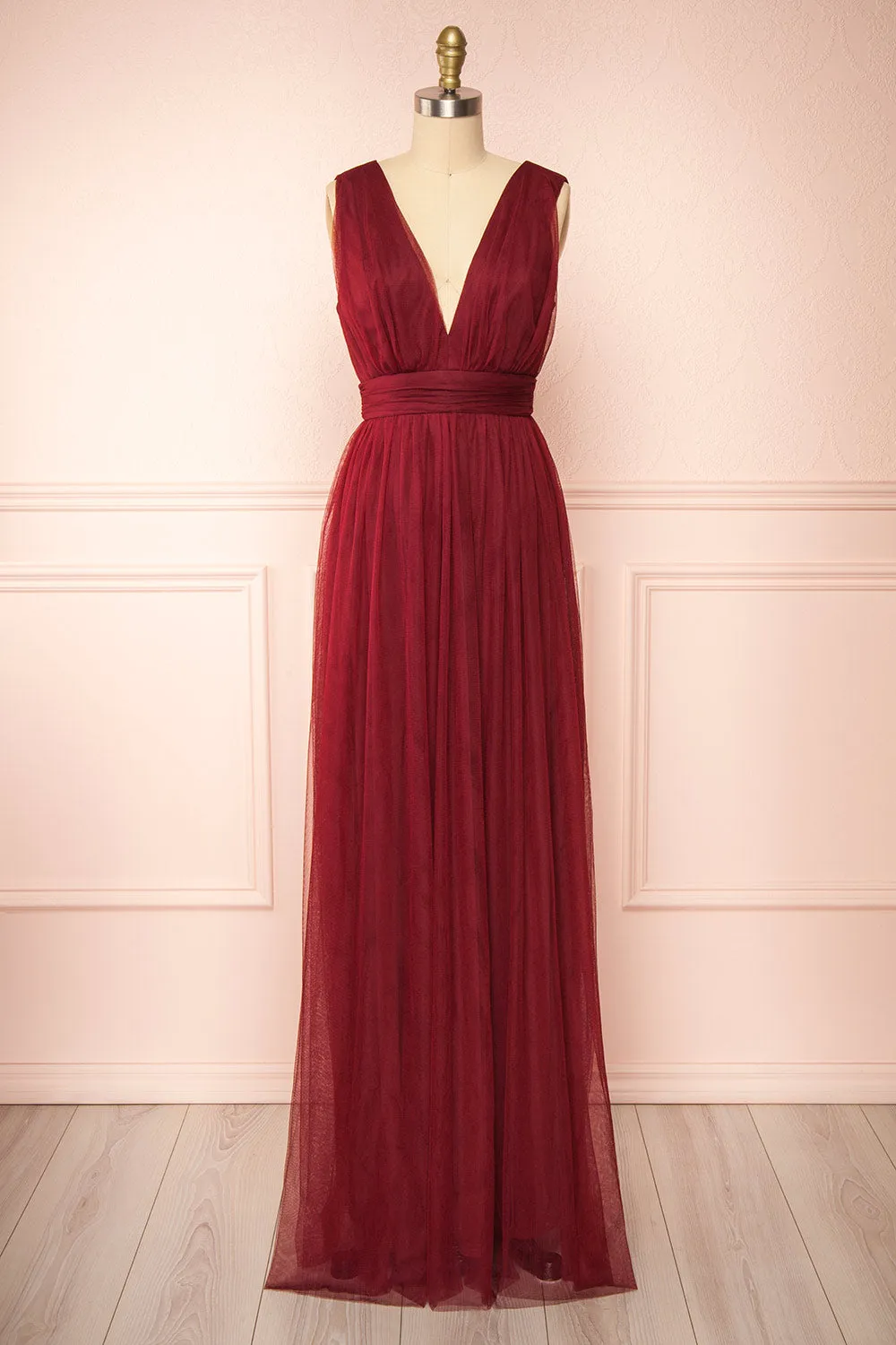 Samina Burgundy | Tulle Maxi Dress with Plunging Neckline sold by Boutique 1861