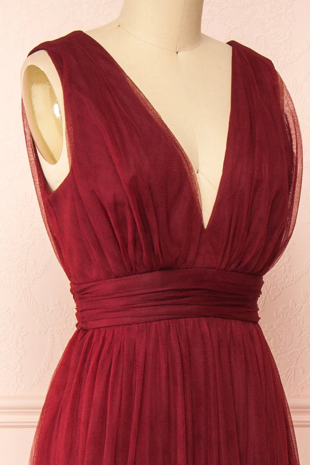 Samina Burgundy | Tulle Maxi Dress with Plunging Neckline sold by Boutique 1861 product image thumbnail 4