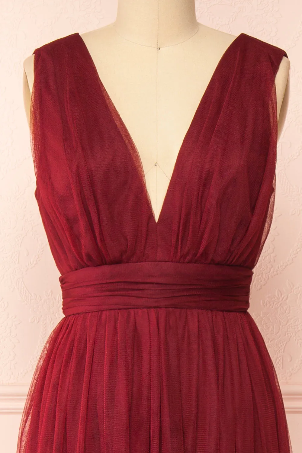 Samina Burgundy | Tulle Maxi Dress with Plunging Neckline sold by Boutique 1861 product image thumbnail 2
