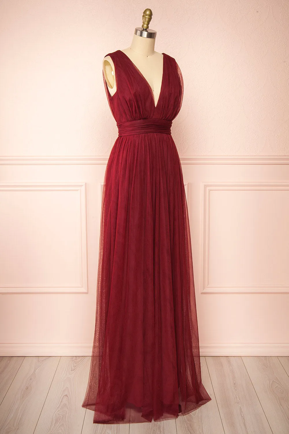 Samina Burgundy | Tulle Maxi Dress with Plunging Neckline sold by Boutique 1861 product image thumbnail 3