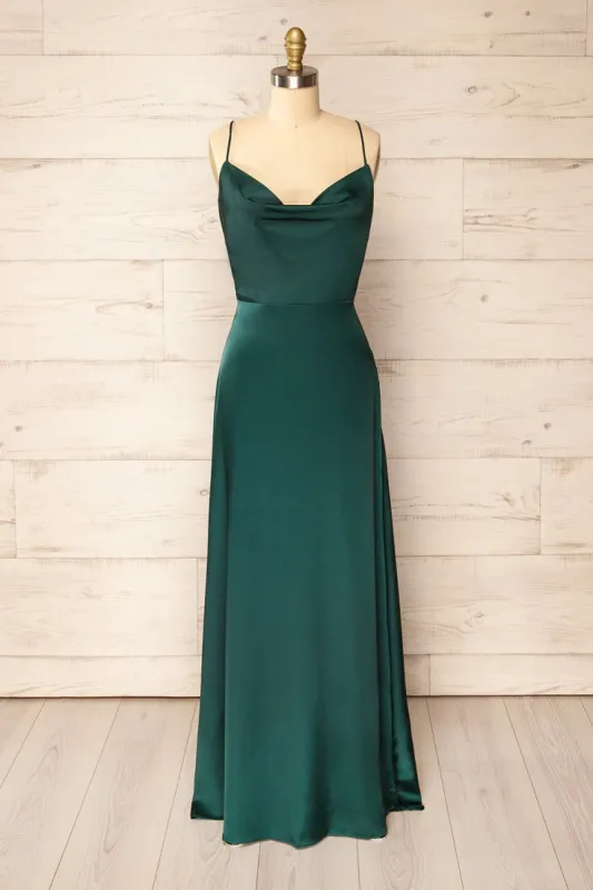 Letheria Green | Cowl Neck Satin Maxi Dress sold by Boutique 1861