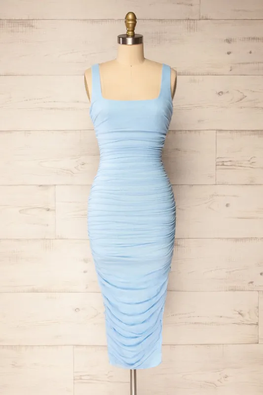 Fecho Blue | Fitted Ruched Midi Dress sold by Boutique 1861