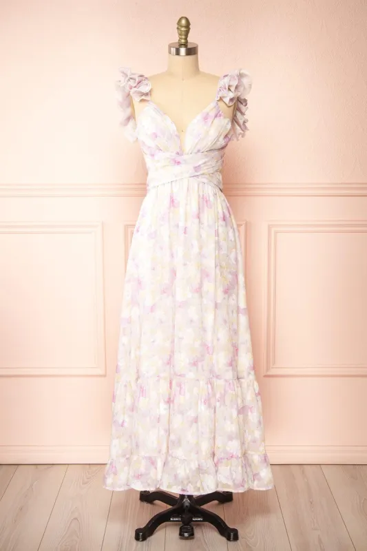 Natacha | Long Lilac Floral Dress w/ Ruffled Straps sold by Boutique 1861