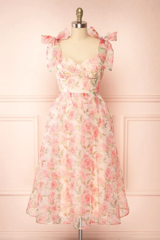 Marisole | Bustier Floral Midi Dress w/ Bow Straps sold by Boutique 1861