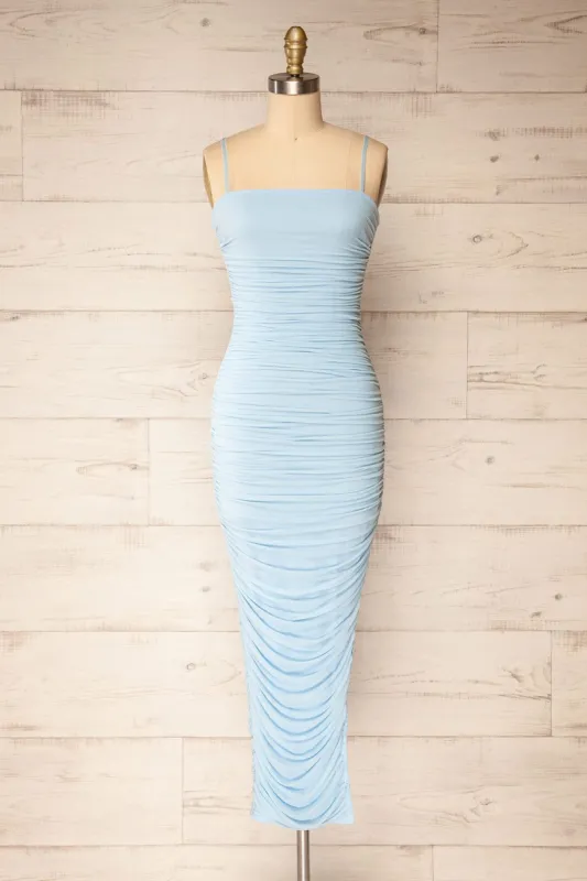 Yurtof Light Blue | Fitted Ruched Midi Dress sold by Boutique 1861