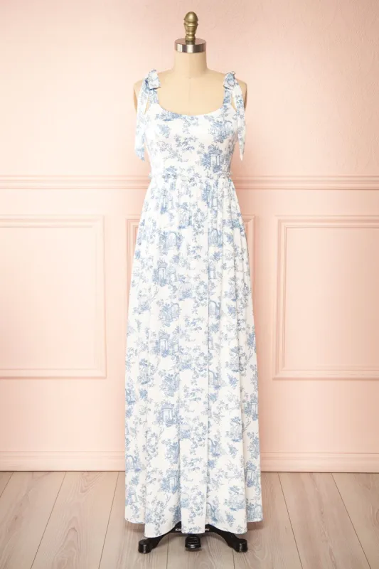 Zephyra | Maxi White and Blue Patterned Dress sold by Boutique 1861