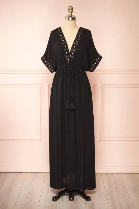 Avalon Black | Short Sleeve Maxi Dress w/ Embroidery sold by Boutique 1861