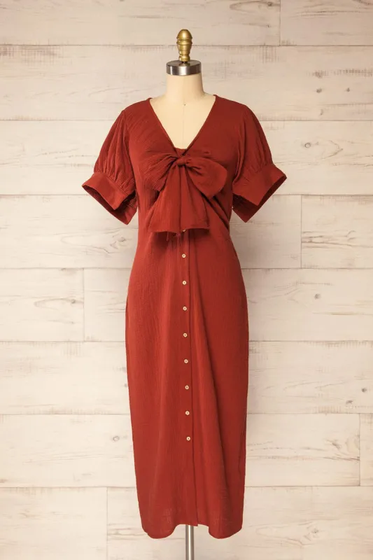 Maelle Rust | Midi Shirt Dress w/ Tied Neckline sold by Boutique 1861