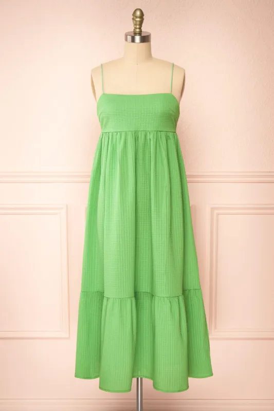 Gilli | Green Waffle Weave Babydoll Midi Dress sold by Boutique 1861
