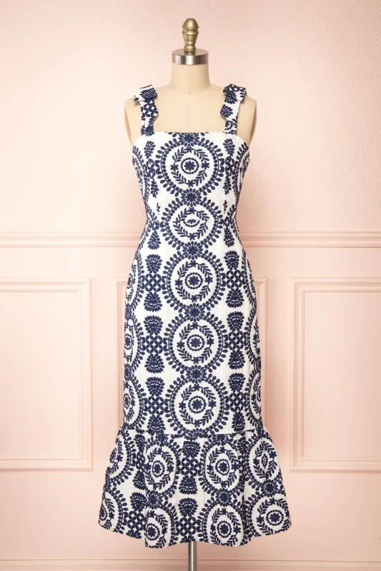 Gisa | White & Navy Embroidered Midi Dress sold by Boutique 1861