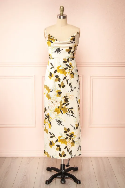 Selvi | Ivory Floral Cowl Neck Midi Dress sold by Boutique 1861