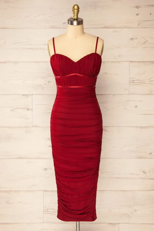 Rilievo Burgundy | Ruched Fitted Midi Dress sold by Boutique 1861