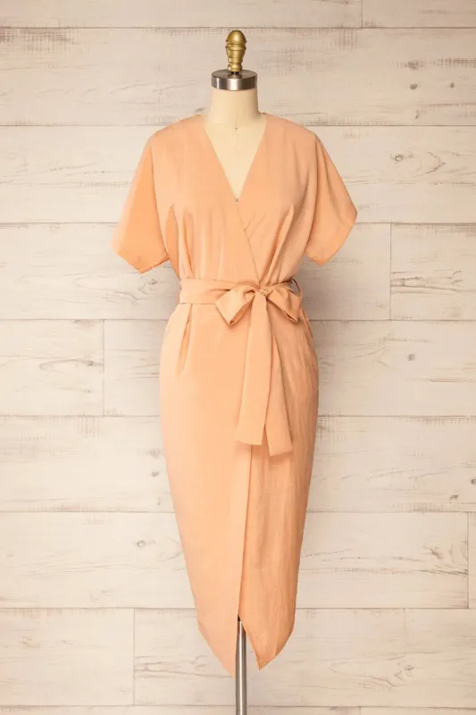 Junin Orange | Short Sleeve Wrap Midi Dress sold by Boutique 1861