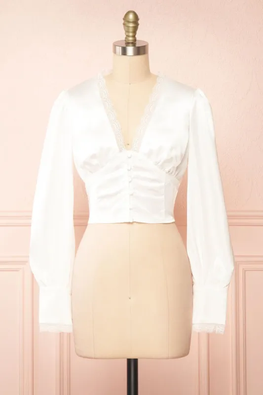 Hisoka | White Satin Blouse w/ Lace Trim sold by Boutique 1861
