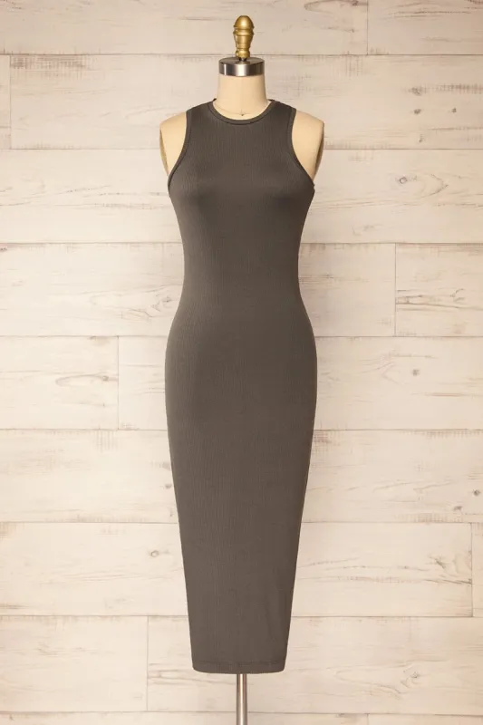Vateras Khaki | Ribbed Sleeveless Midi Dress sold by Boutique 1861