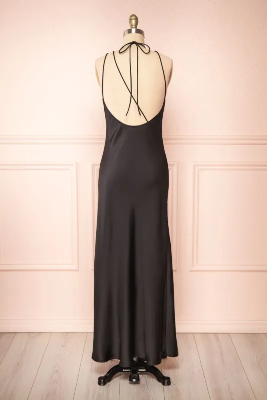 Nairobi Black | Satin Maxi Dress w/ Open Back sold by Boutique 1861