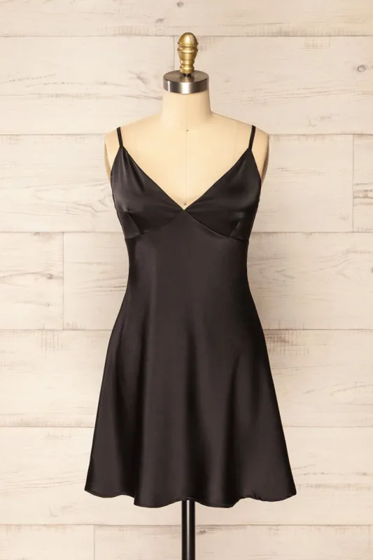 Myla | Short Black Satin Dress sold by Boutique 1861