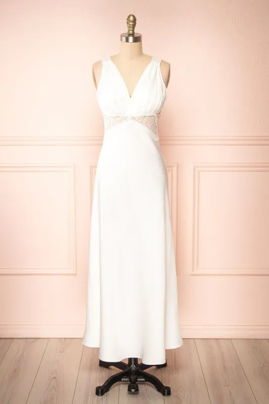 Naksu Ivory | Satin Midi Dress w/ Lace Trim sold by Boutique 1861