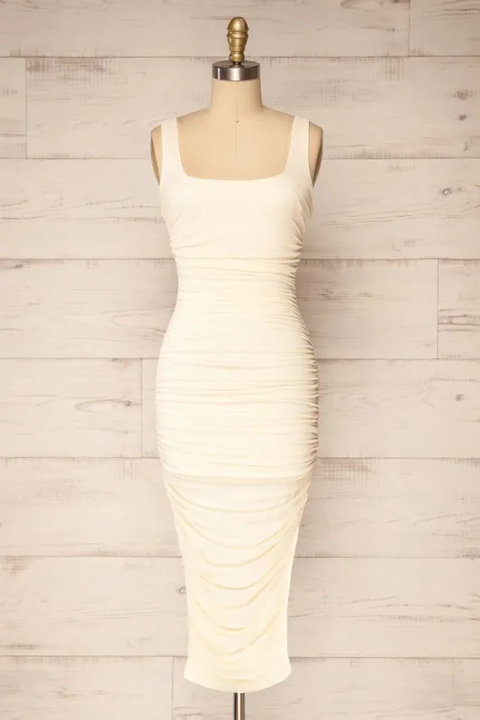 Fecho Ivory | Fitted Ruched Midi Dress sold by Boutique 1861