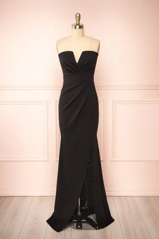 Zinnia | Black Bustier Maxi Dress w/ Sparkling Slit sold by Boutique 1861