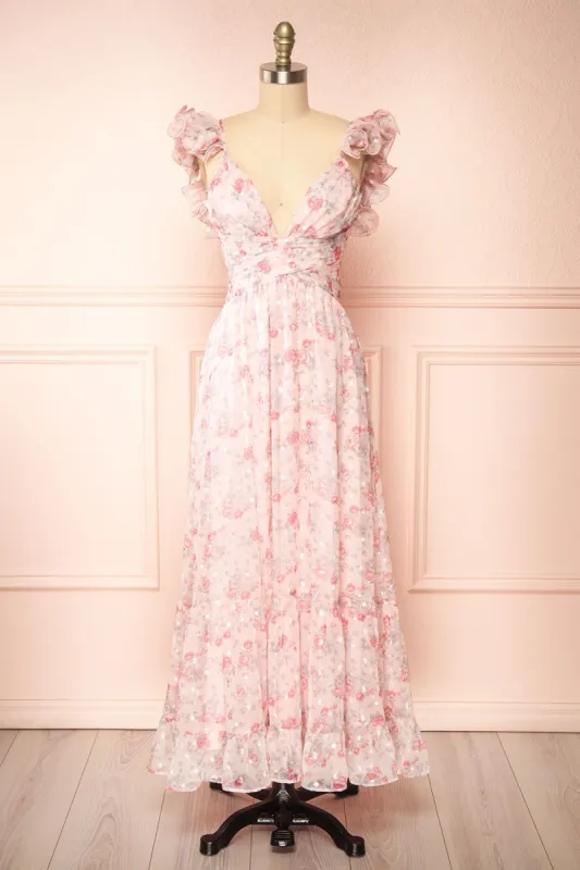 Alvaine | Long Pink Floral Dress w/ Ruffled Straps sold by Boutique 1861