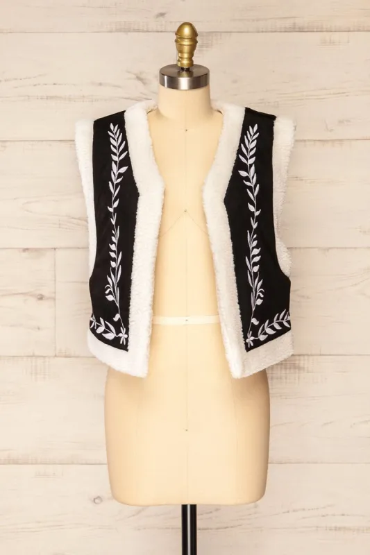 Alicante | Black & White Embroidered Sherpa Vest sold by Boutique 1861
