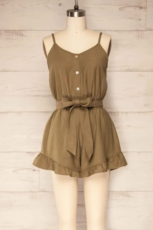 Palombe Khaki | V-Neck Romper with Ruffles made by Boutique 1861