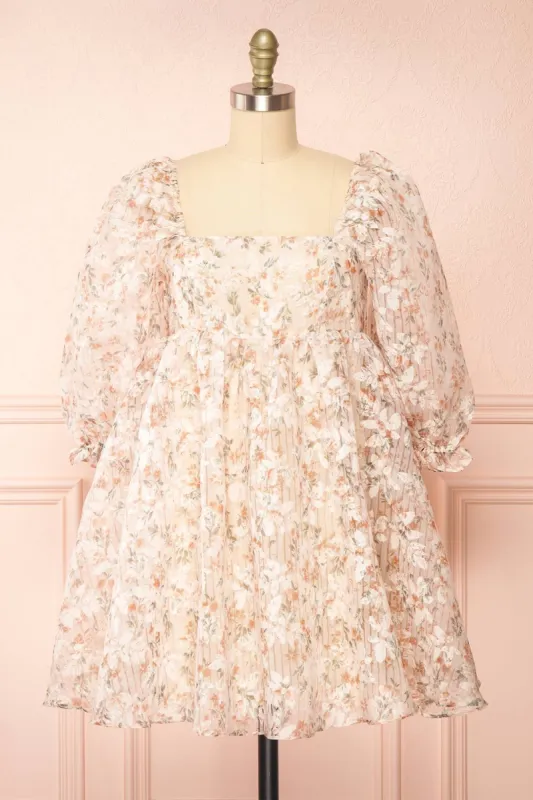 Nicky | Short Floral Beige Babydoll Dress sold by Boutique 1861